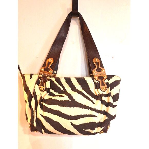 Michael Kors Zebra Print Canvas Leather Trim & Gold Tone Hinged Shoulder Straps - Picture 2 of 10
